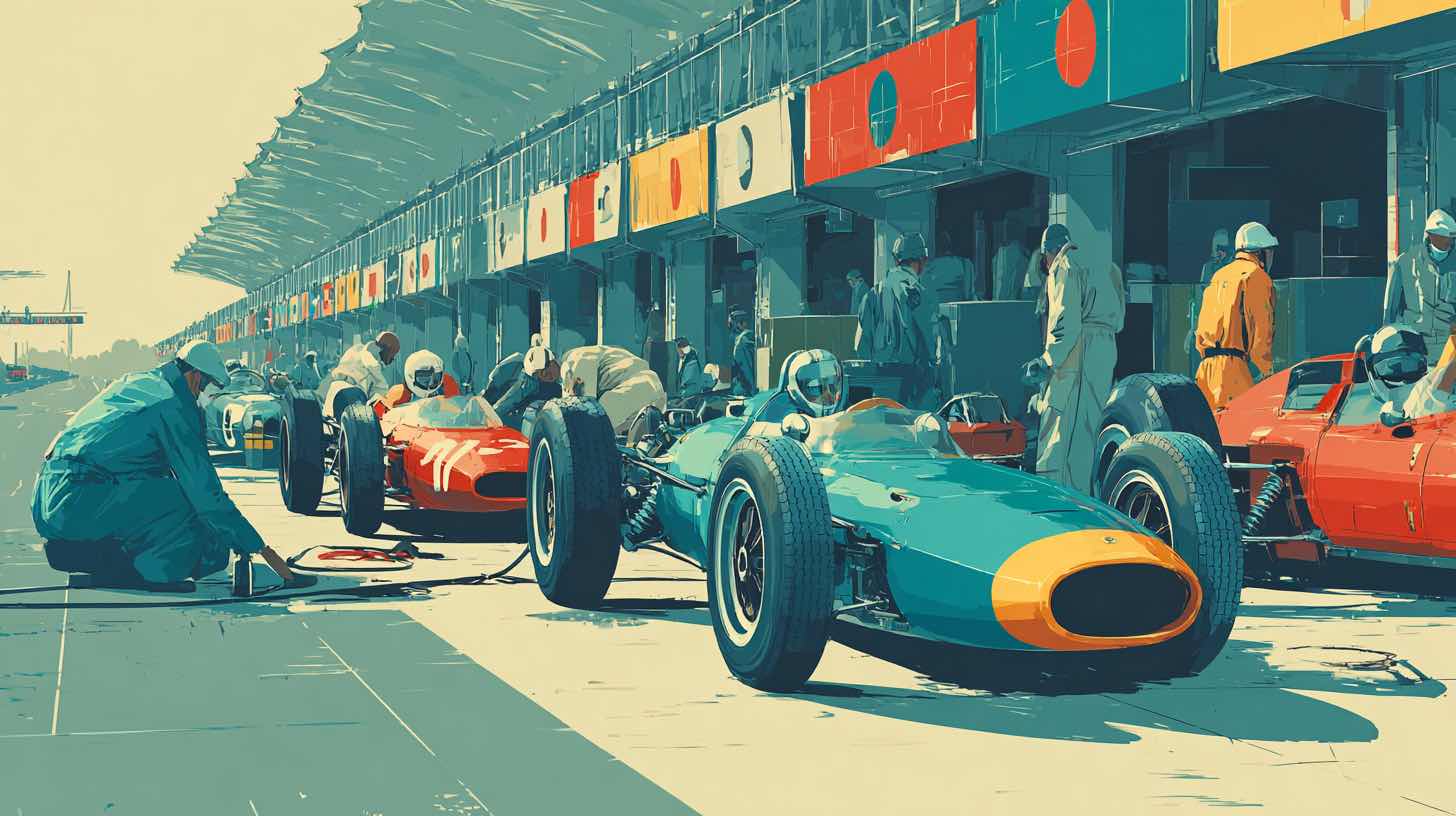 An illustration of race cars in for a pit stop, crews working around them in sync