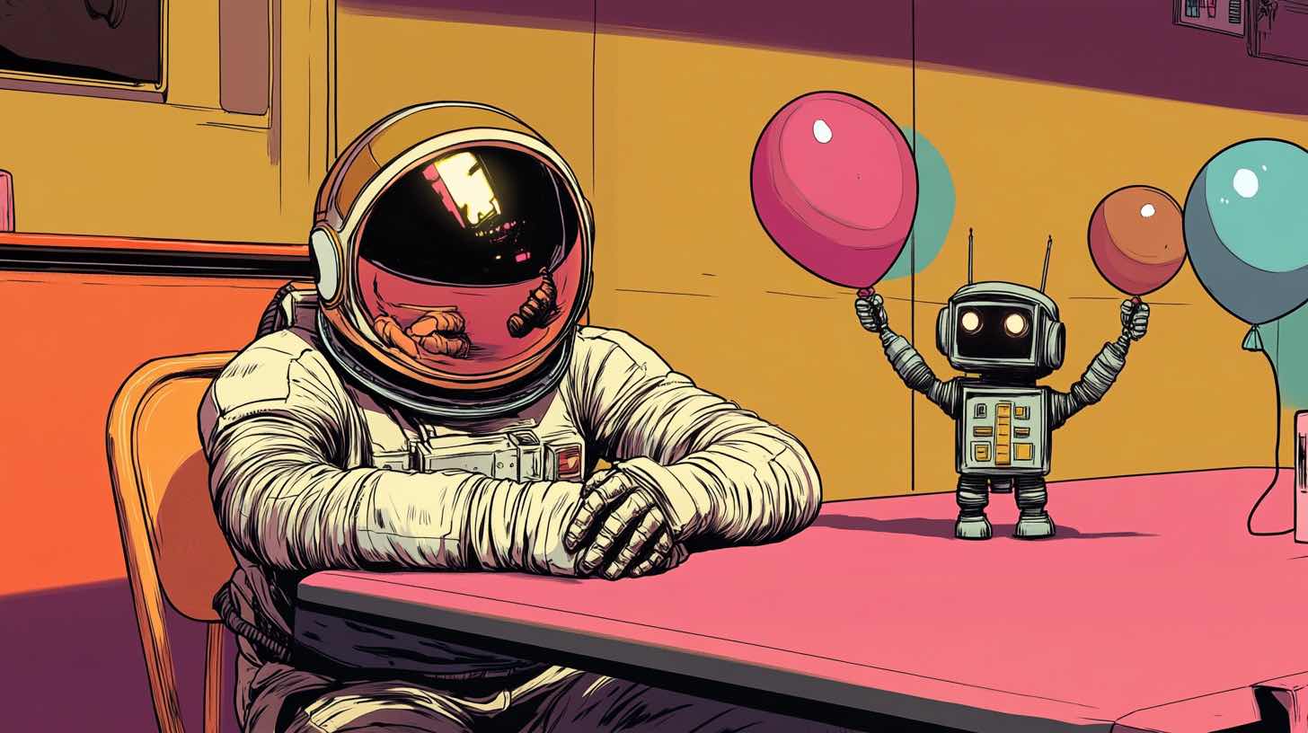 An unimpressed astronaut at a table while a small robot cheerfully holds up balloons