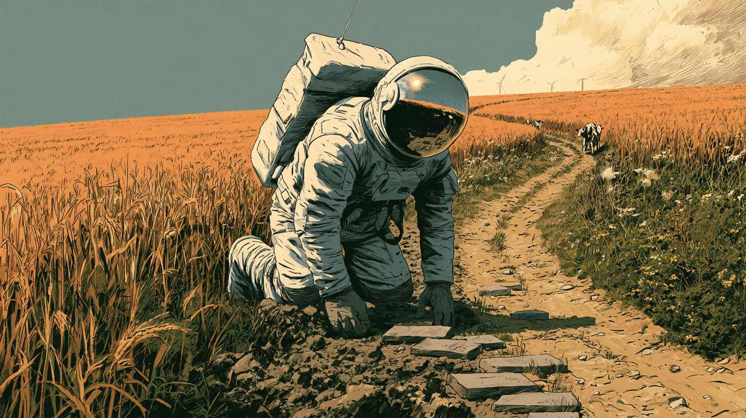 An astronaut paving a cow path