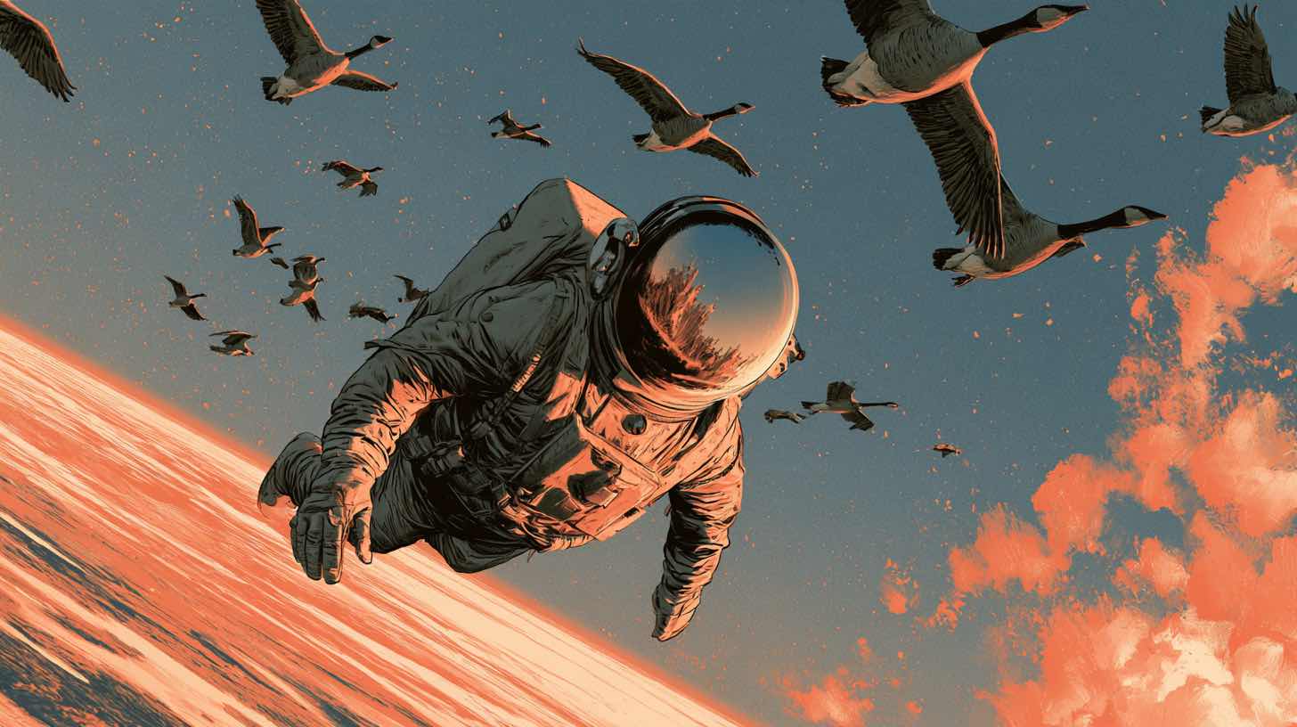 An astronaut flying in formation with a flock of geese