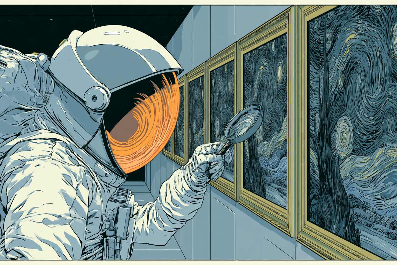 An astronaut inspecting a row of nearly identical framed paintings with a magnifying glass