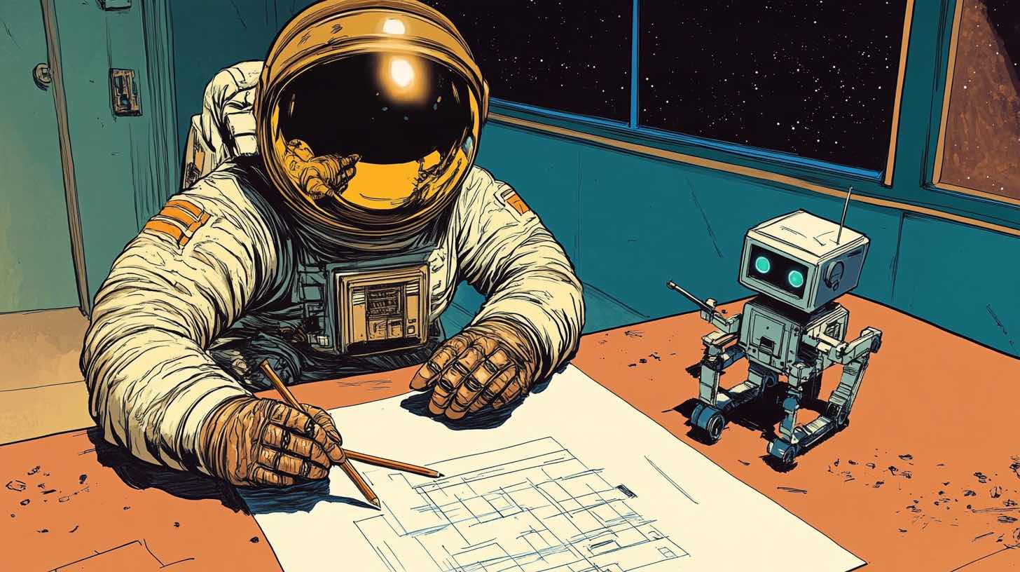 An astronaut at a desk with a pencil and blueprints while a small robot waits beside them