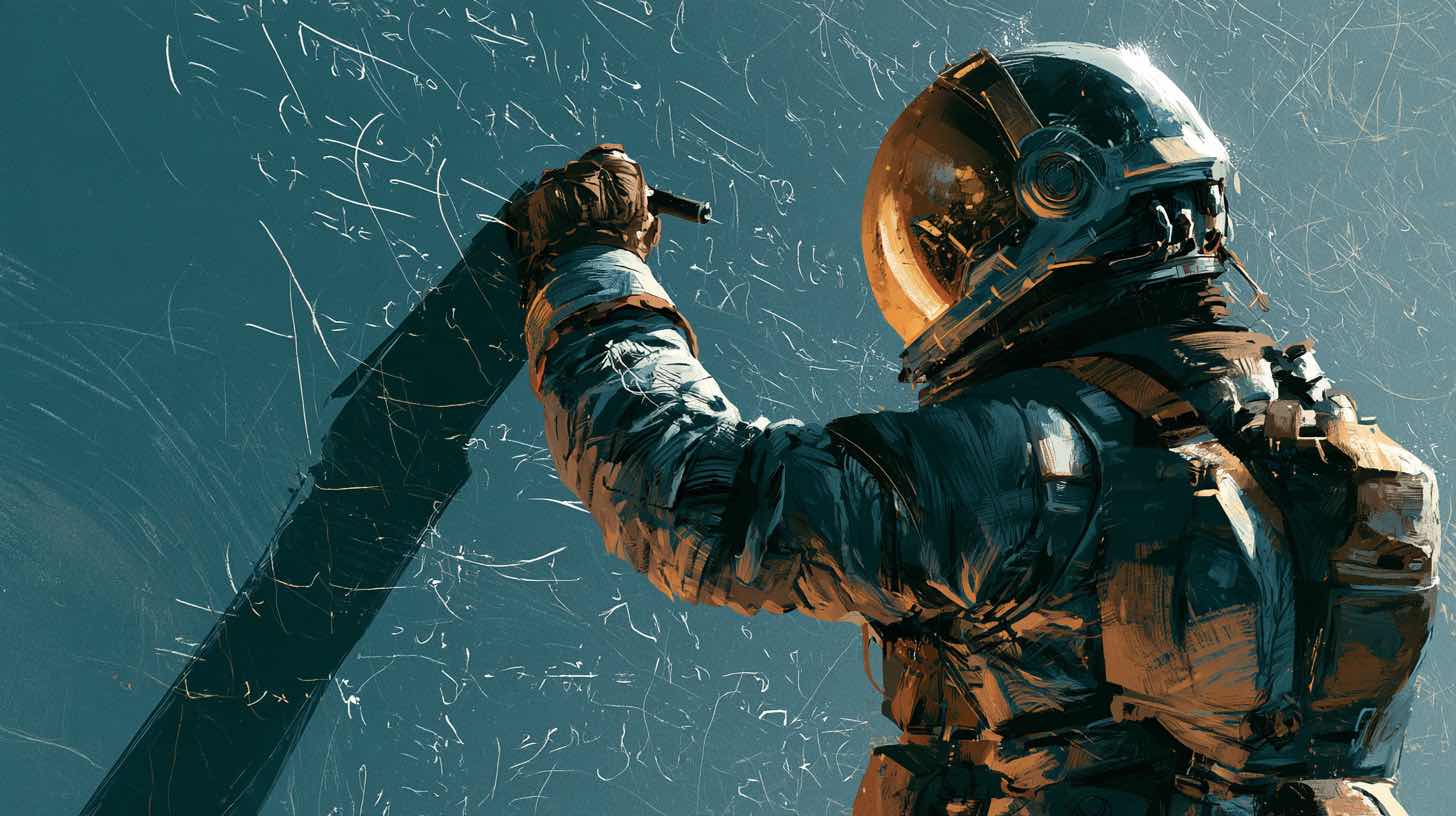 An astronaut filling a giant chalkboard with handwritten equations