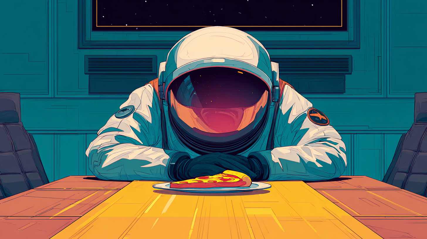 An astronaut with slice of pizza