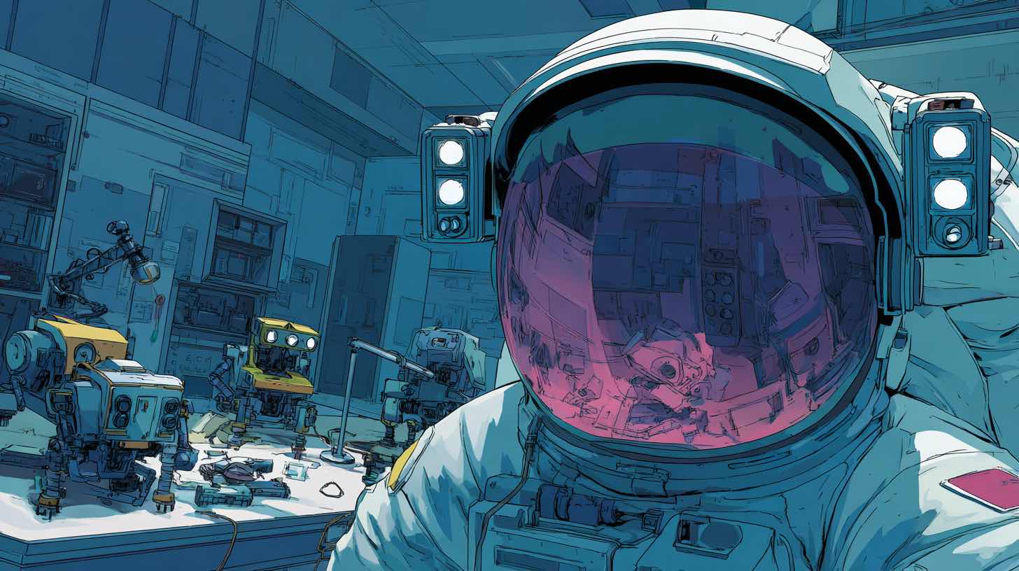 An astronaut overseeing a room full of tiny robots