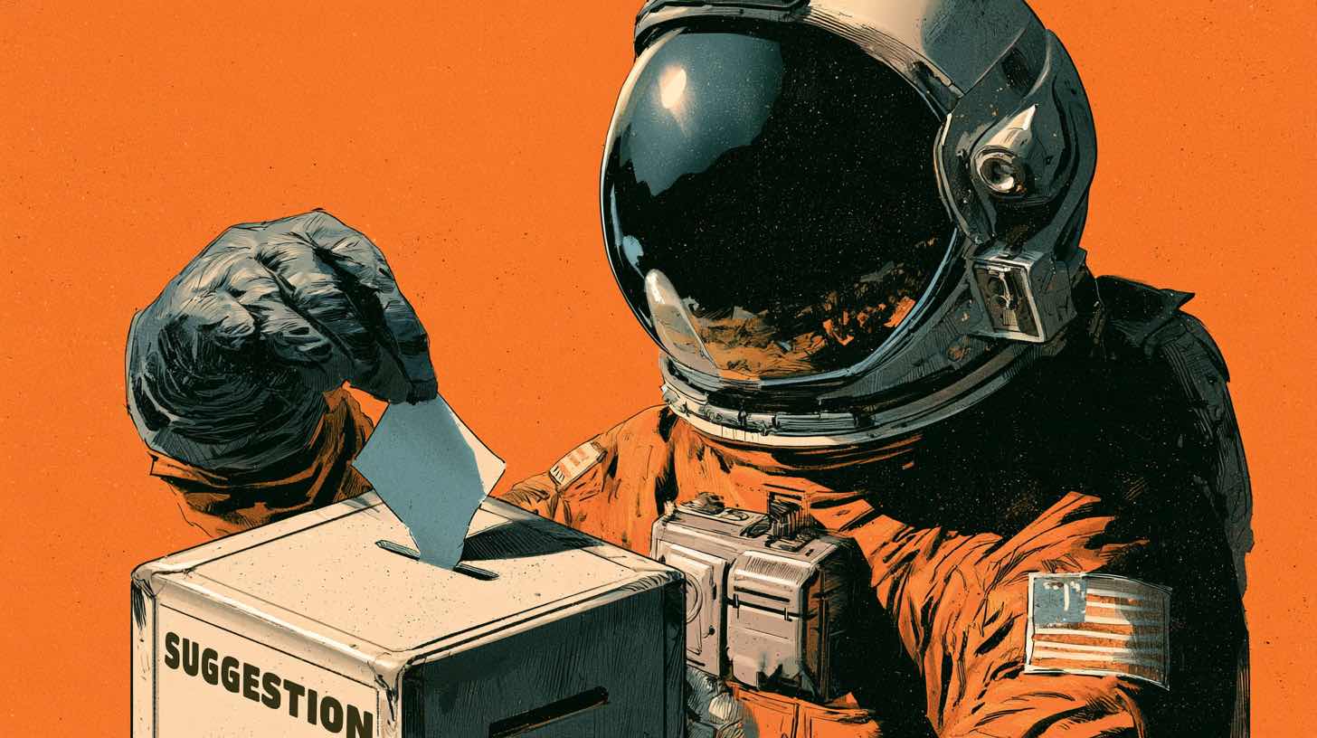 An astronaut dropping a folded note into a suggestion box