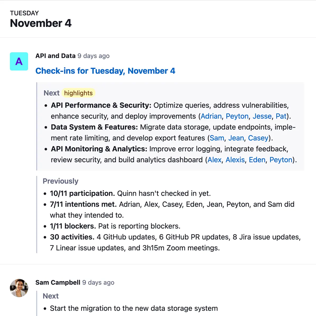 Daily standup summary showing blockers, progress, and team priorities in a single threaded view